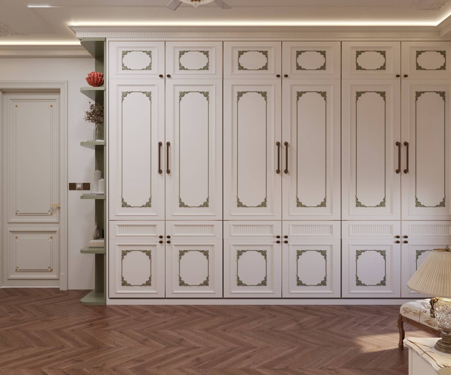 Classic hinged wardrobe designer Jaipur — white ornamental full-height wardrobe by Endless Interior