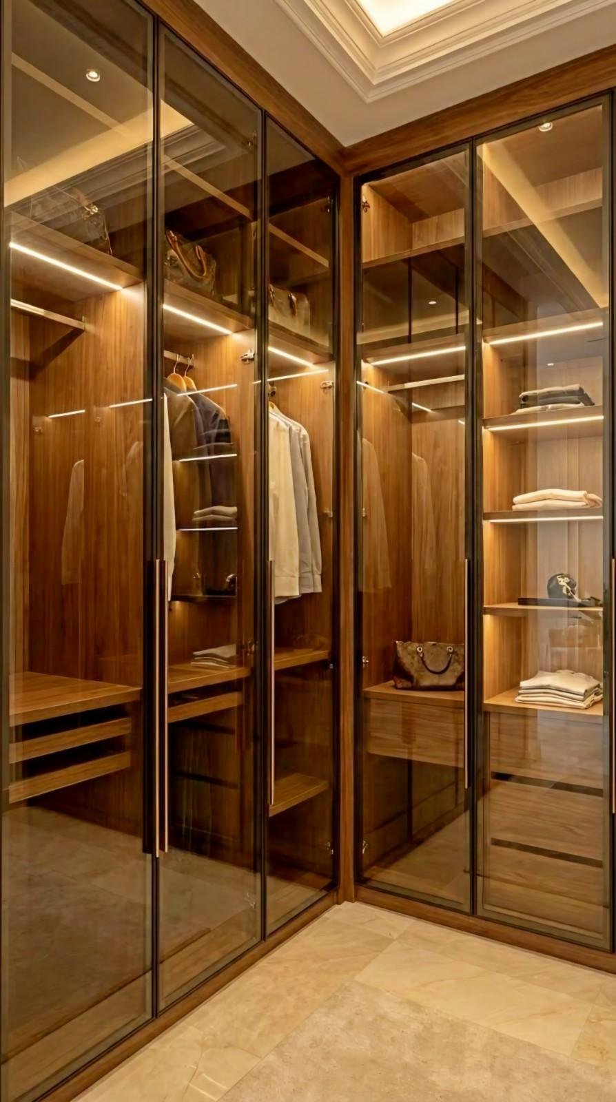 Glass door wardrobe designer Jaipur — walnut veneer LED wardrobe by Endless Interior
