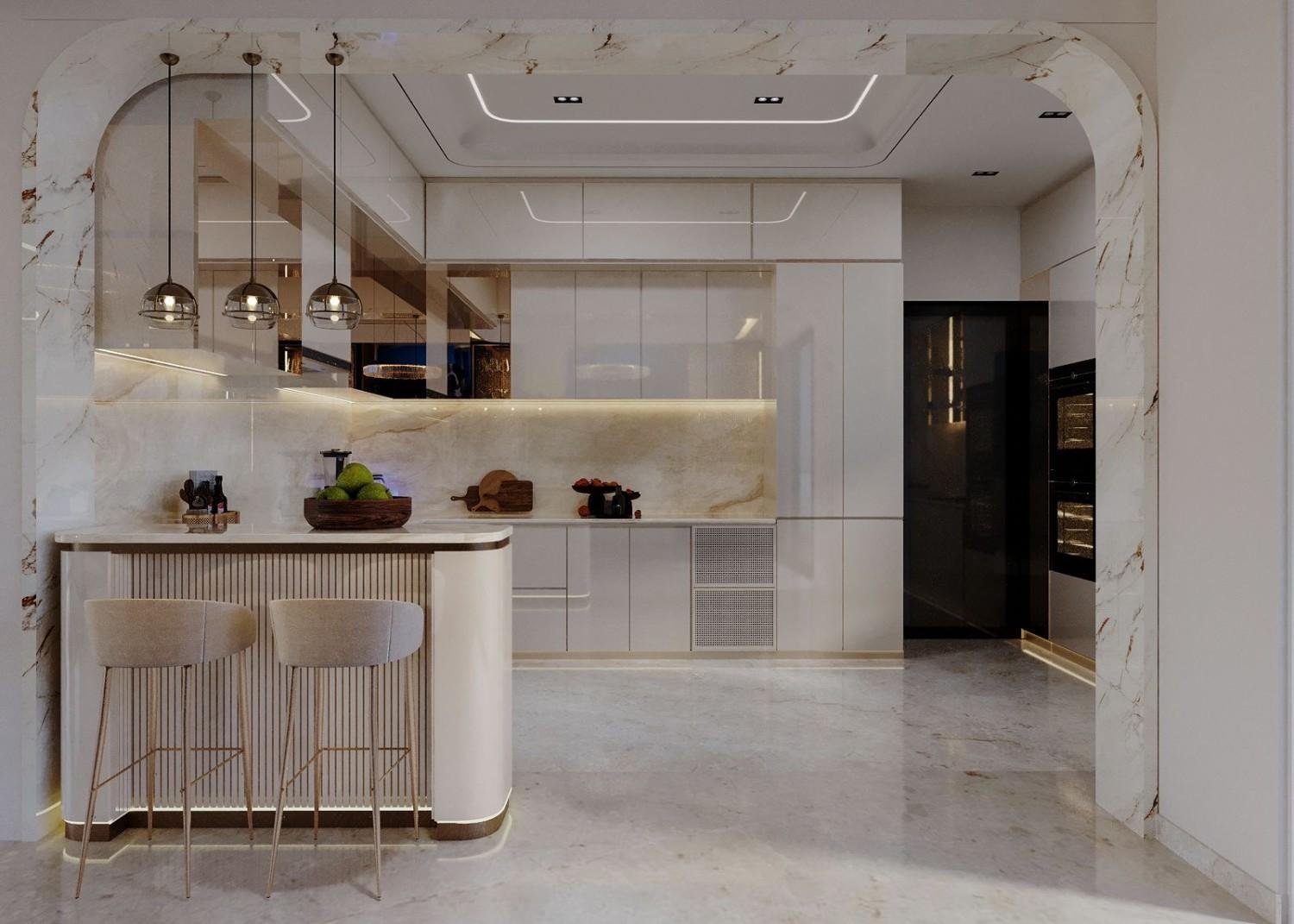 Modern L-shape modular kitchen with white gloss cabinets and marble finish – Endless Interiors & Construction, Jaipur