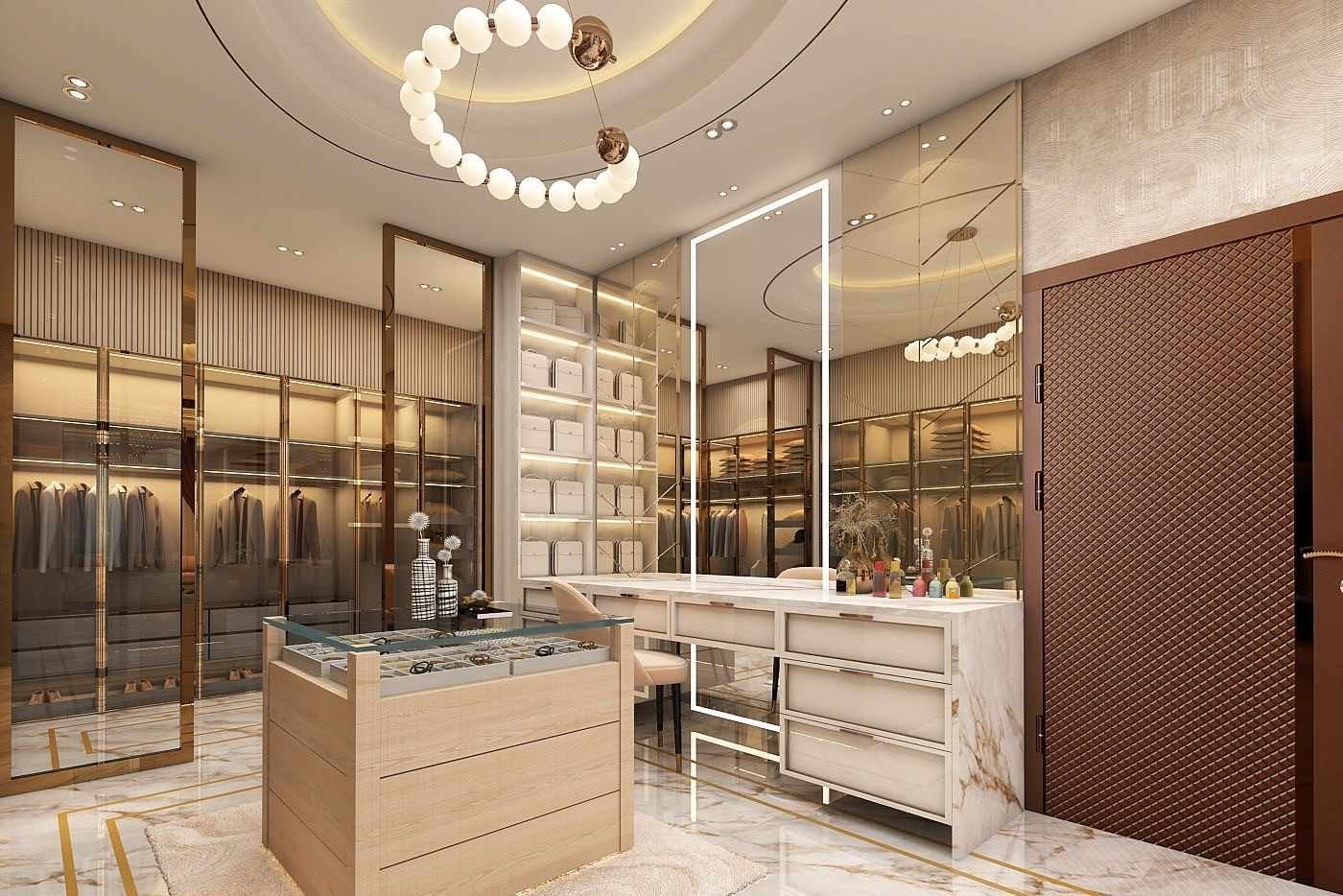 Luxury walk-in wardrobe designer Jaipur — rose gold glass frame dressing room by Endless Interior