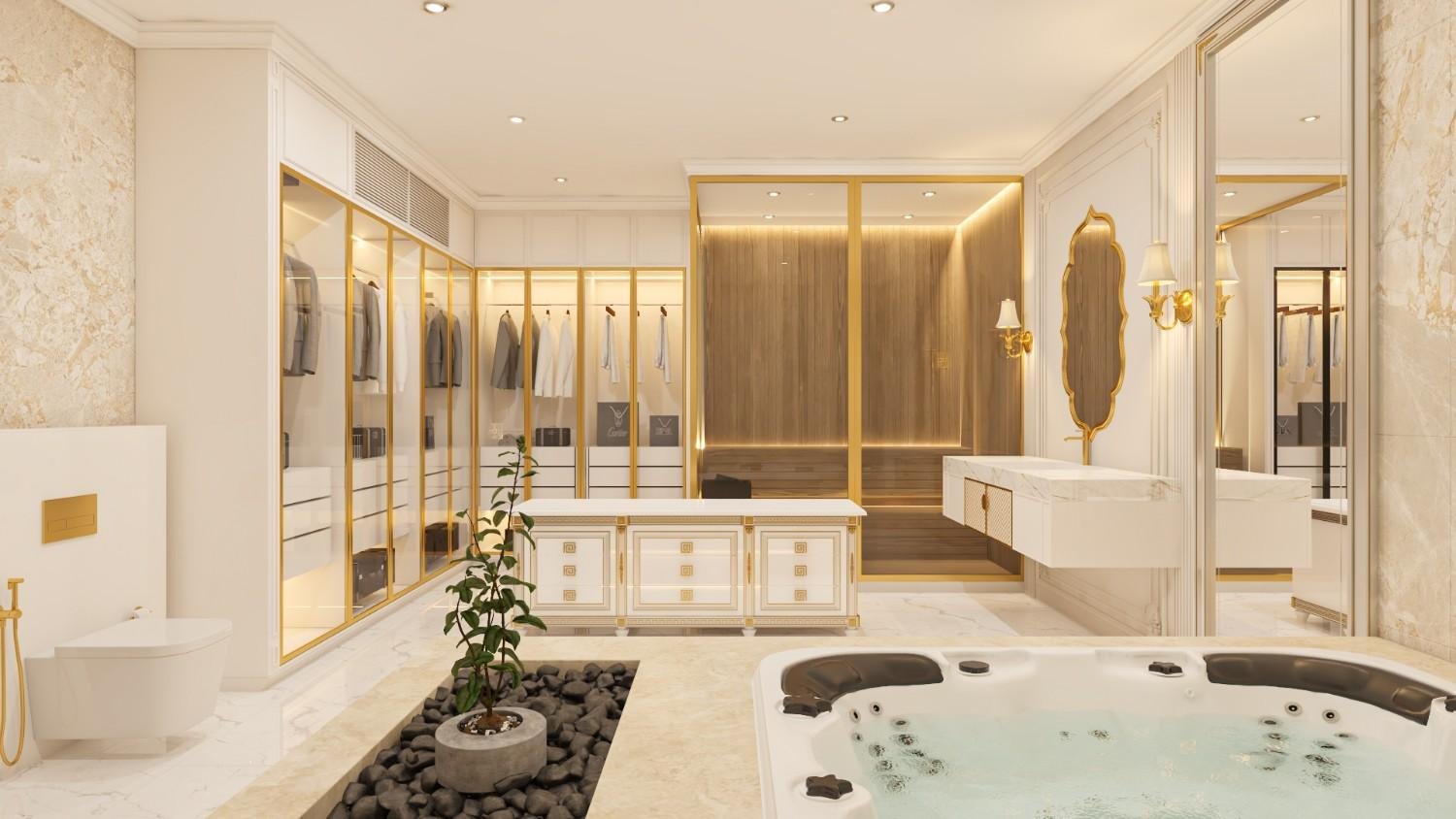 Royal master suite walk-in wardrobe Jaipur — gold frame dressing room with sauna by Endless Interior
