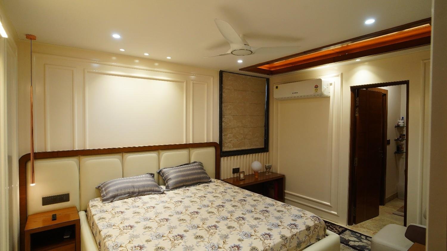 Teal mint bedroom circular wooden mirror — 3BHK Vidhyadhar Nagar Jaipur — Endless Interiors