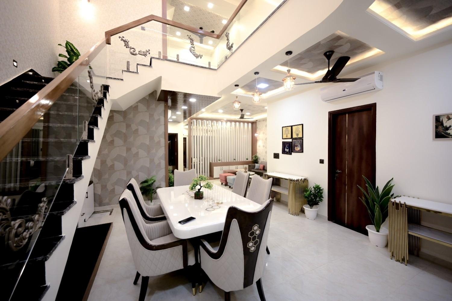 Rose pink upholstered bedroom duplex villa interior Murlipura Jaipur — Endless Interiors and Construction