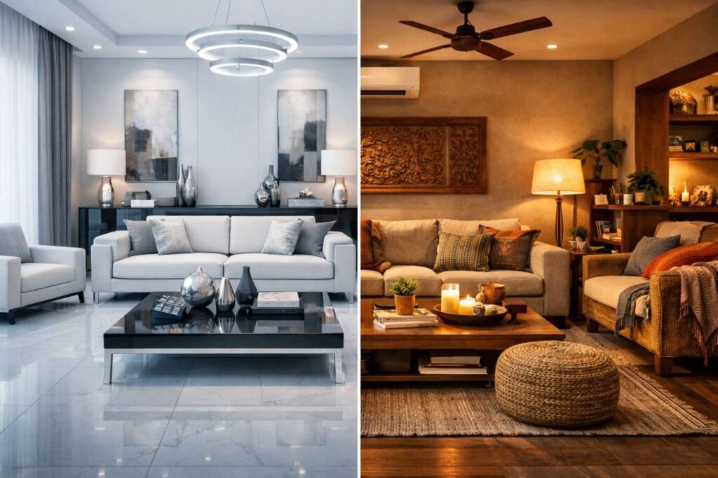 AI generated interior vs real home design comparison showing difference between digital perfection and practical living space in Jaipur