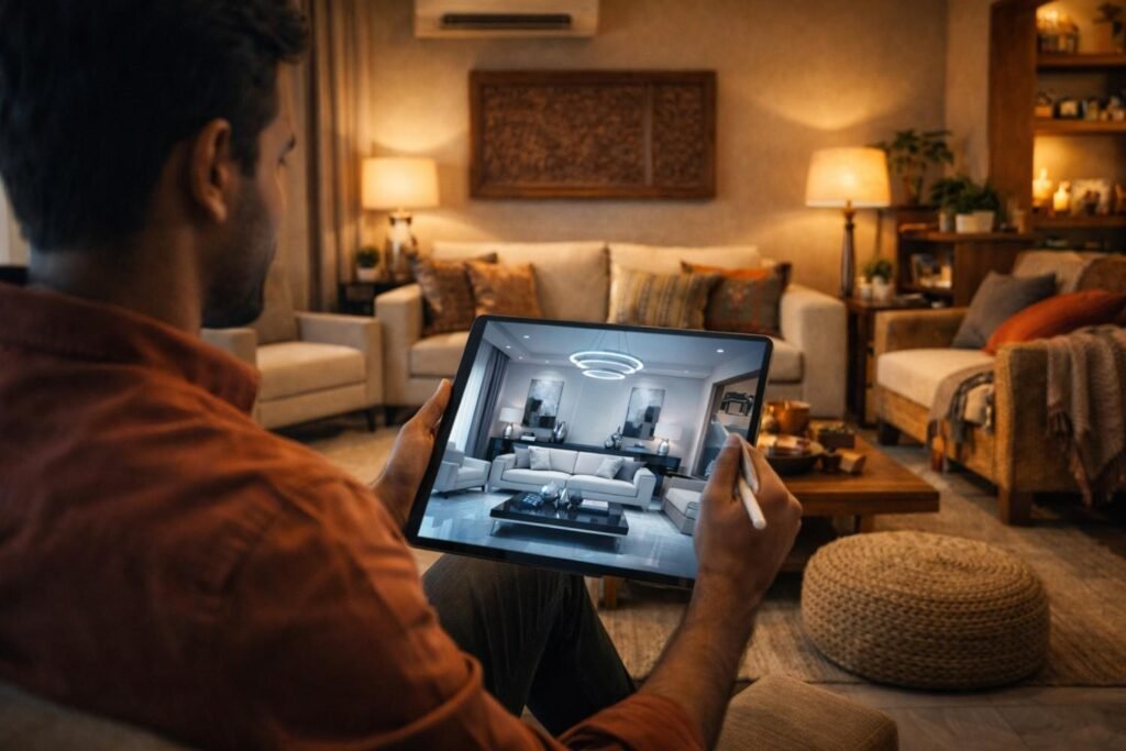 Homeowner comparing AI interior design on tablet with real living room highlighting gap between inspiration and execution