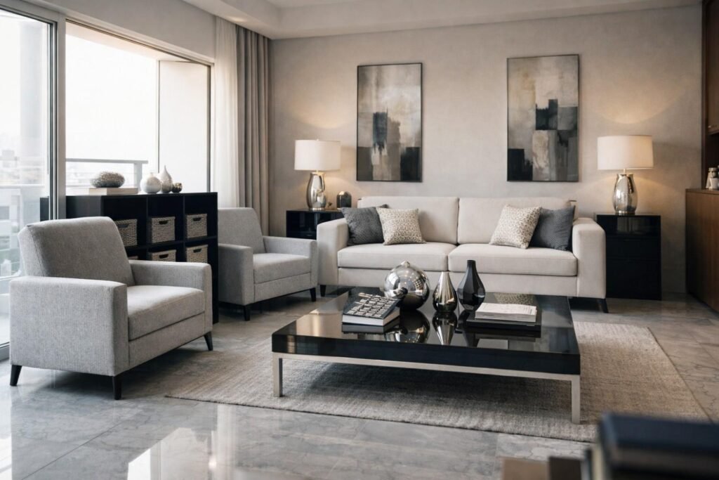 AI generated grey minimalist living room with perfect symmetry and lighting not achievable in real homes