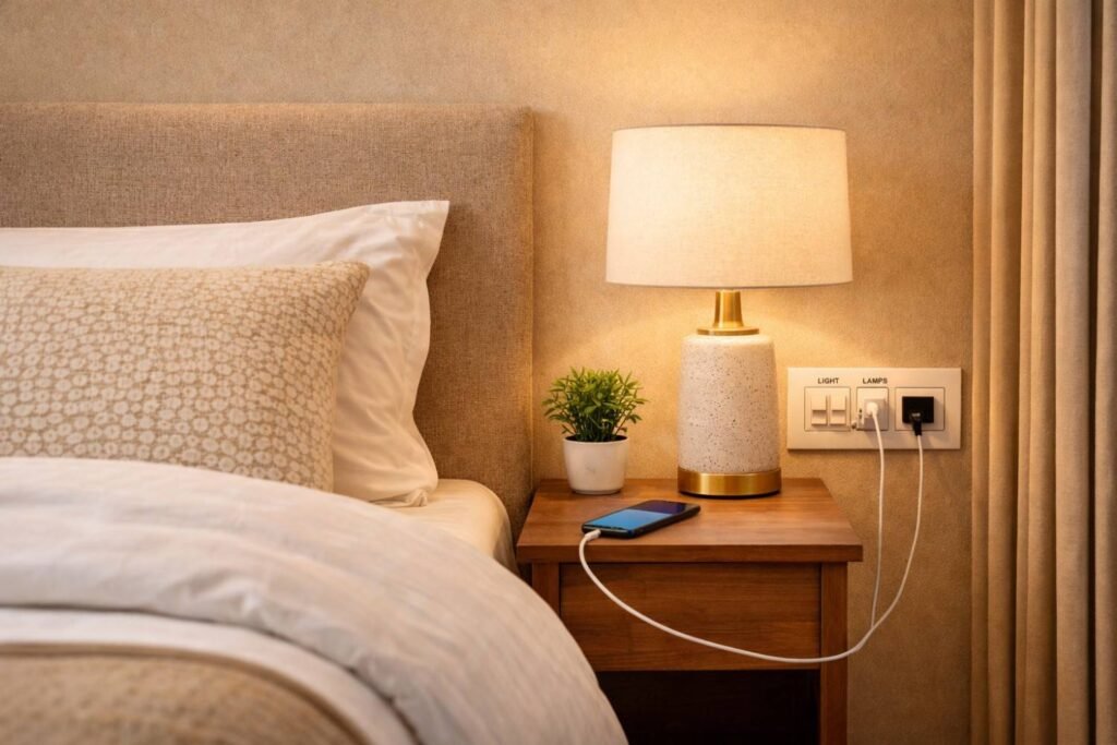 Bedside switchboard placement with charging sockets in bedroom