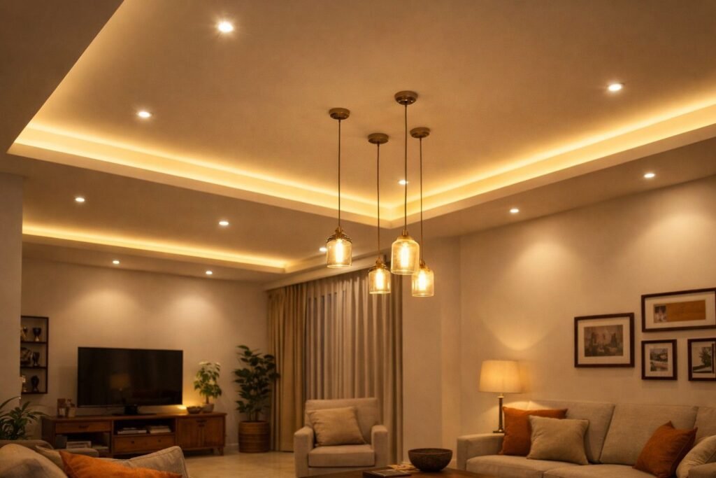 Layered lighting design with ceiling lights and ambient lighting in a modern Jaipur home interior.