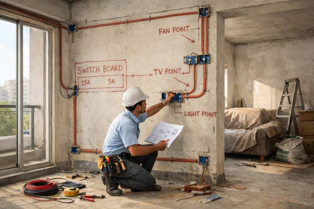 Electrical points planning in a new home during construction in Jaipur