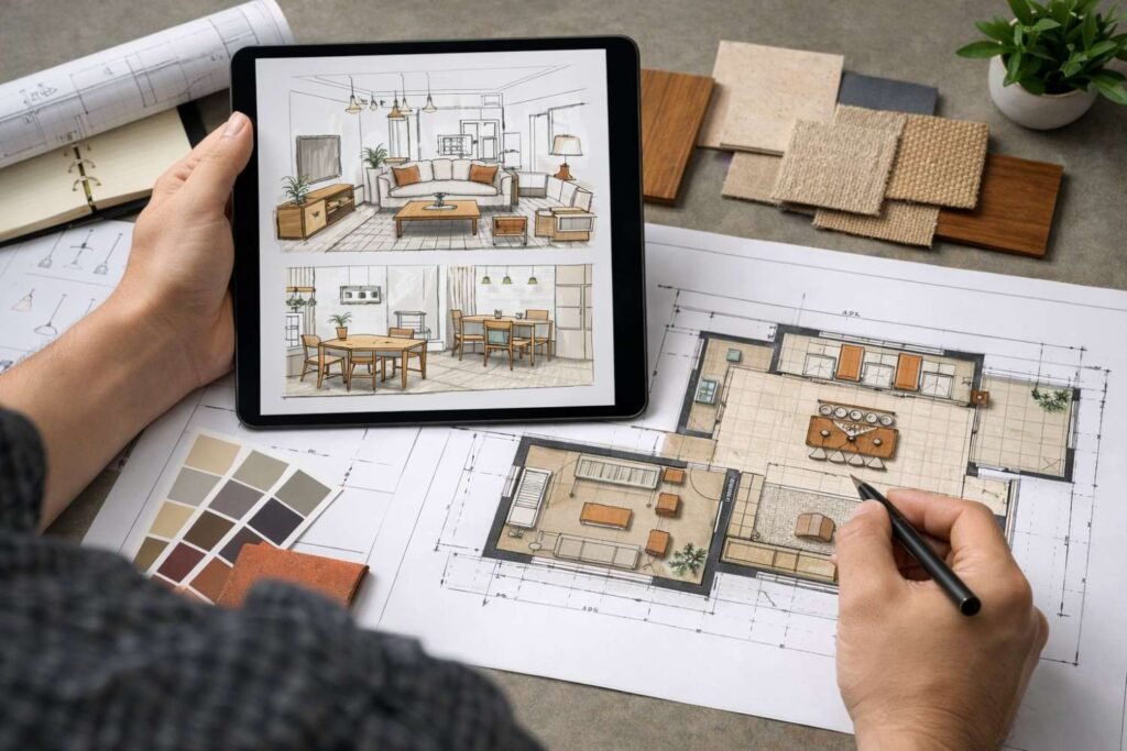 Living room furniture layout planning for a new home interior design project in Jaipur.