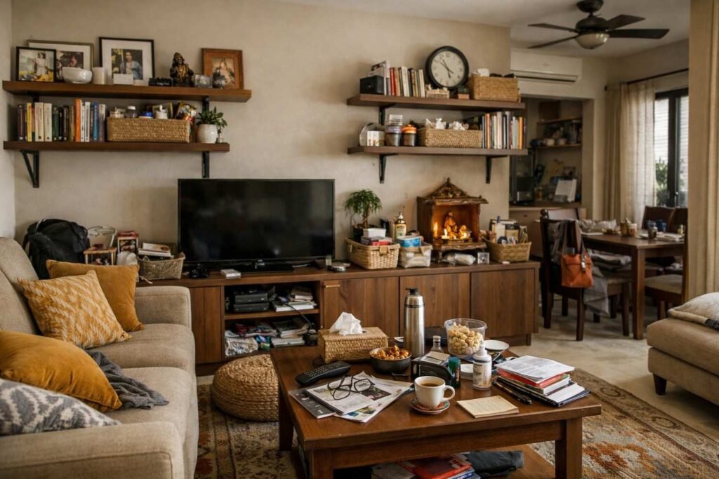 Renovated Jaipur living room with open shelves and visible clutter due to insufficient hidden storage planning.