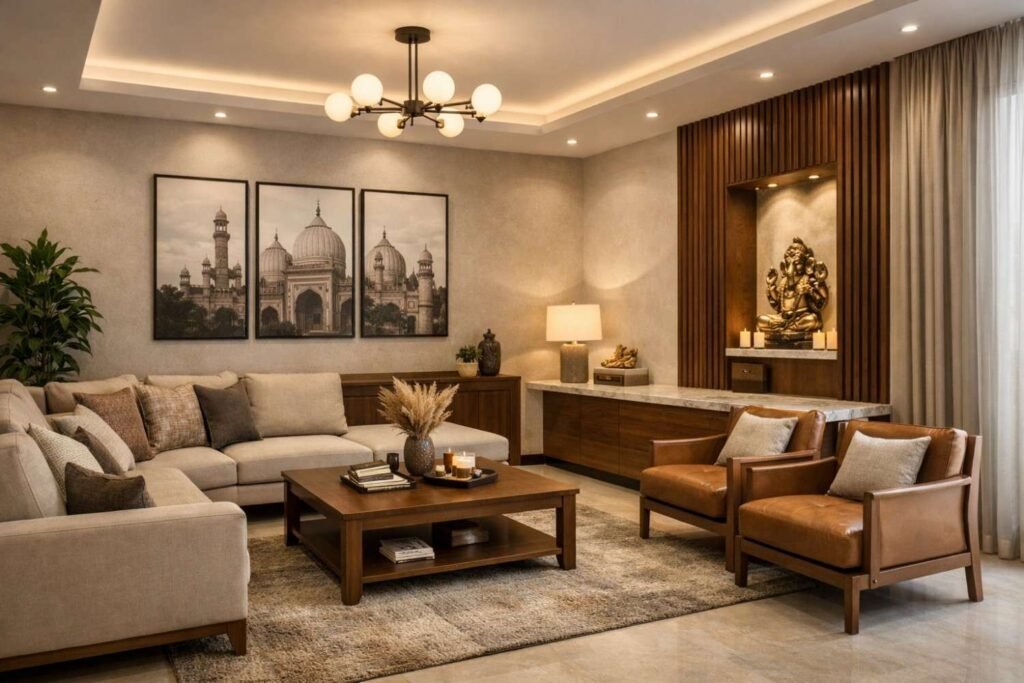 Interior designer planned modern living room in Jaipur with balanced layout and lighting