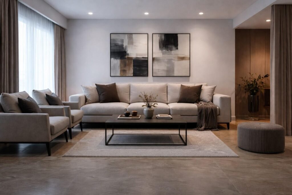 Modern Jaipur living room after renovation with cool white lighting that feels slightly cold and uncomfortable despite elegant design.