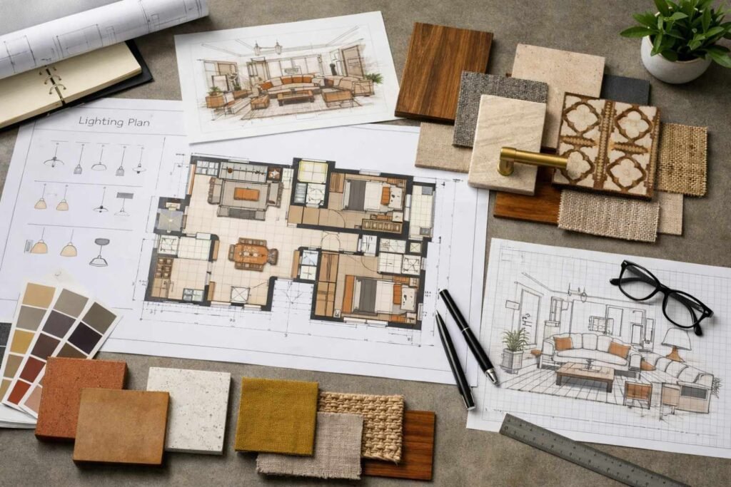 Interior design planning for a new home in Jaipur showing layout drawings, material samples, and design tools.