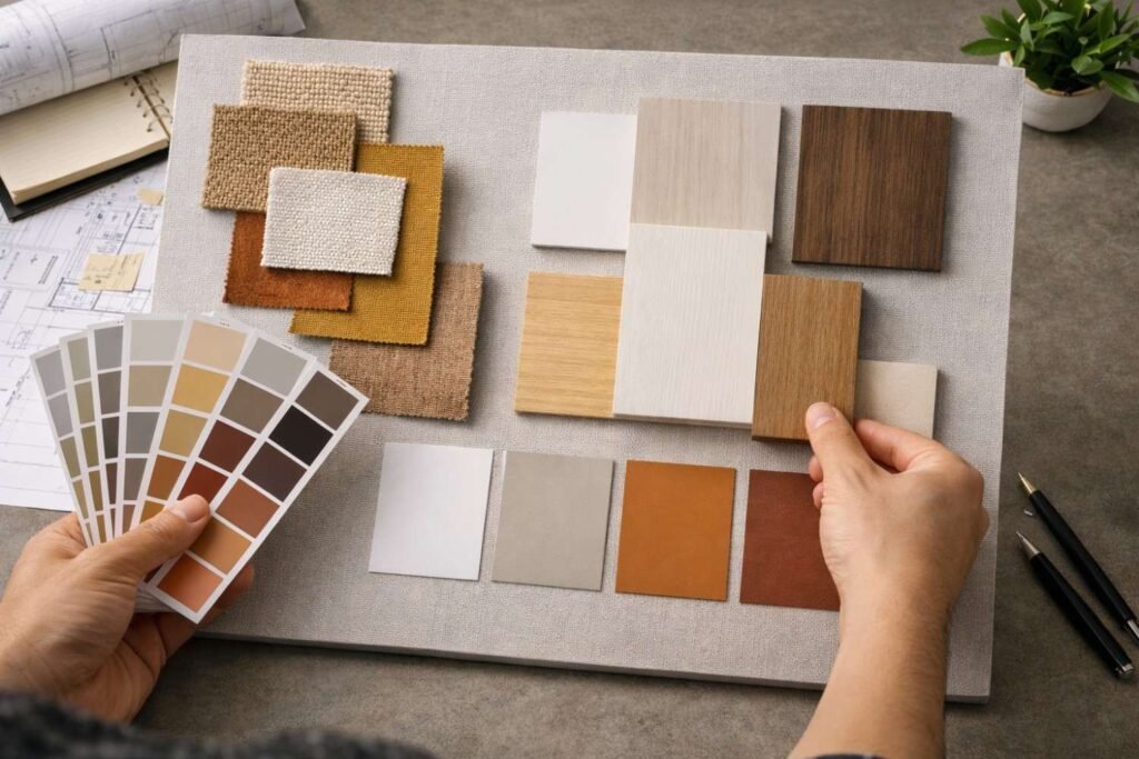 Interior designer selecting material samples and color palette for home interiors in Jaipur.
