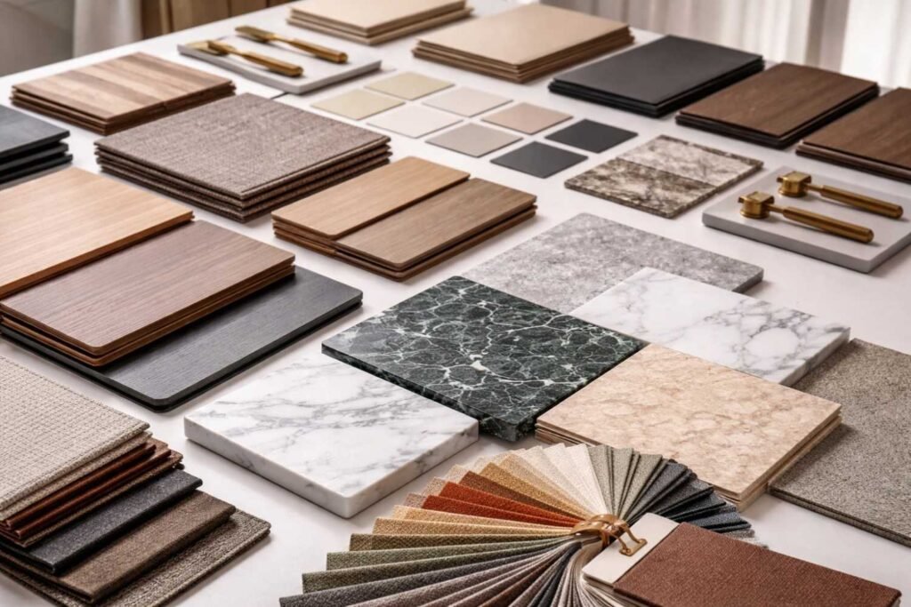 Interior design material selection including laminates and finishes