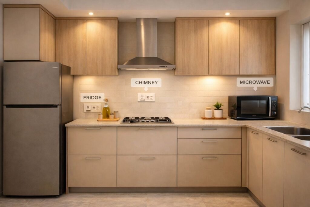 Kitchen electrical points planning for appliances in modular kitchen