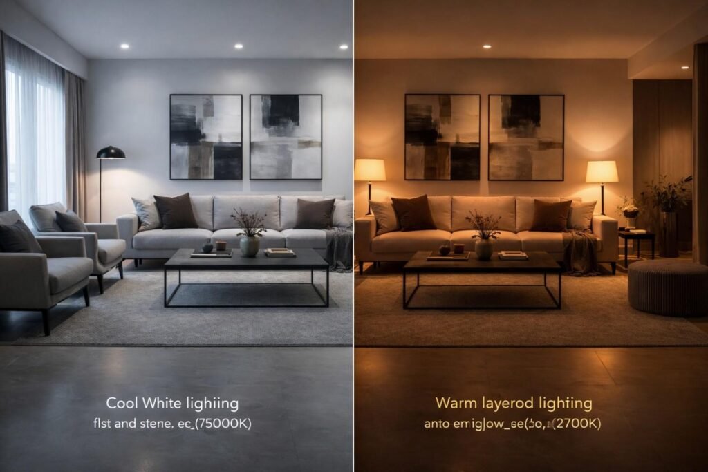 Split comparison of cool white vs warm layered lighting in a Jaipur home showing emotional difference in interior comfort.