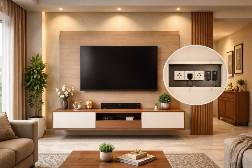Living room electrical points placement behind TV unit for clean wiring