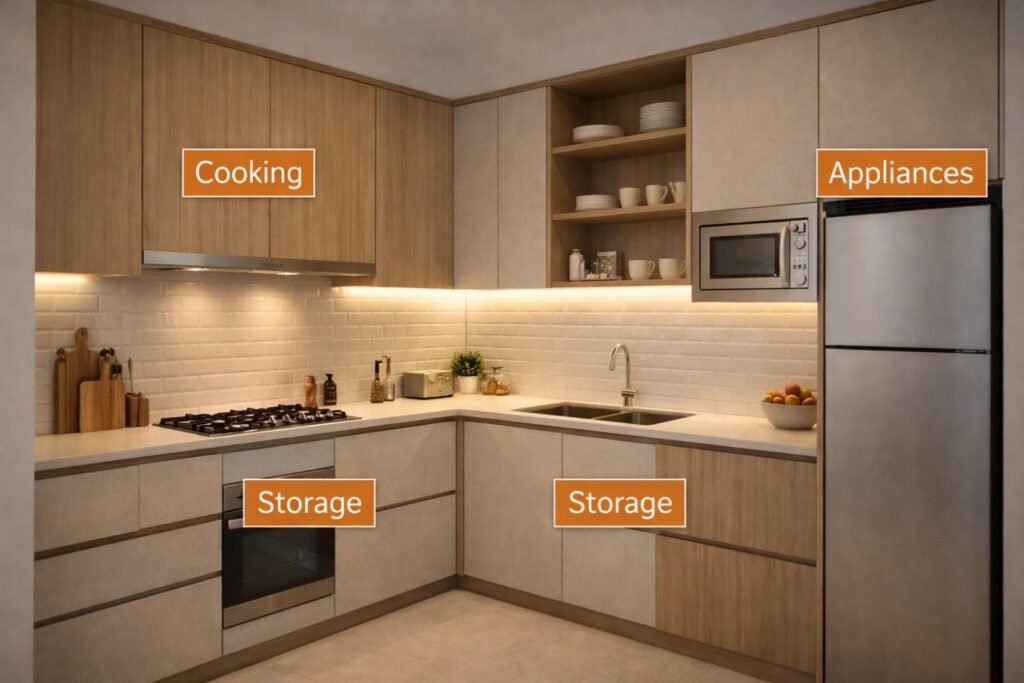 Modern modular kitchen layout planning with organized cabinets and appliances in a Jaipur home.