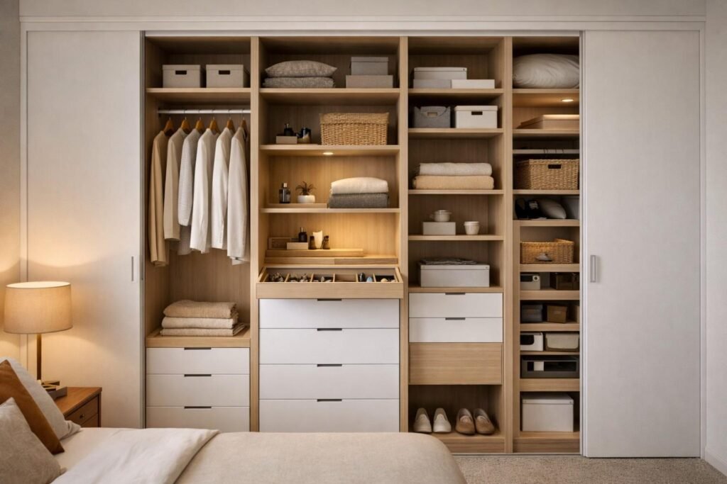 Built-in wardrobe and storage solutions designed for organized home interiors in Jaipur.