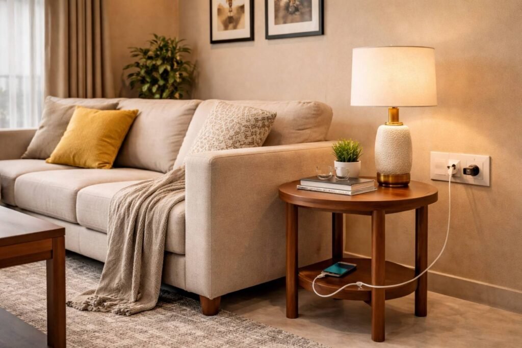 Charging points placement near sofa for convenience in living room