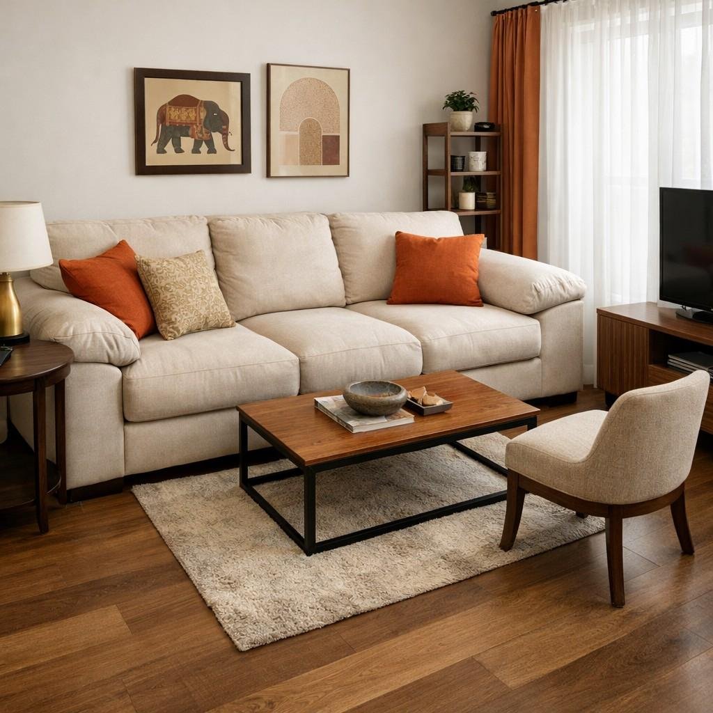 Living room with oversized sofa and small rug showing poor furniture scale planning in a Jaipur apartment renovation.