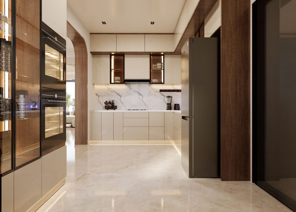 Professional 3D modular kitchen layout and storage planning by Endless Interiors and construction