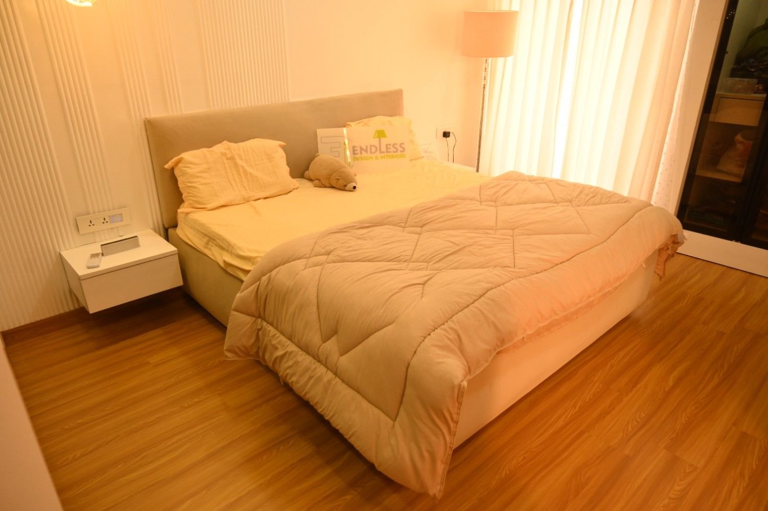 Master bedroom interior design Jagatpura Jaipur — upholstered headboard wardrobe by Endless Interiors and Construction