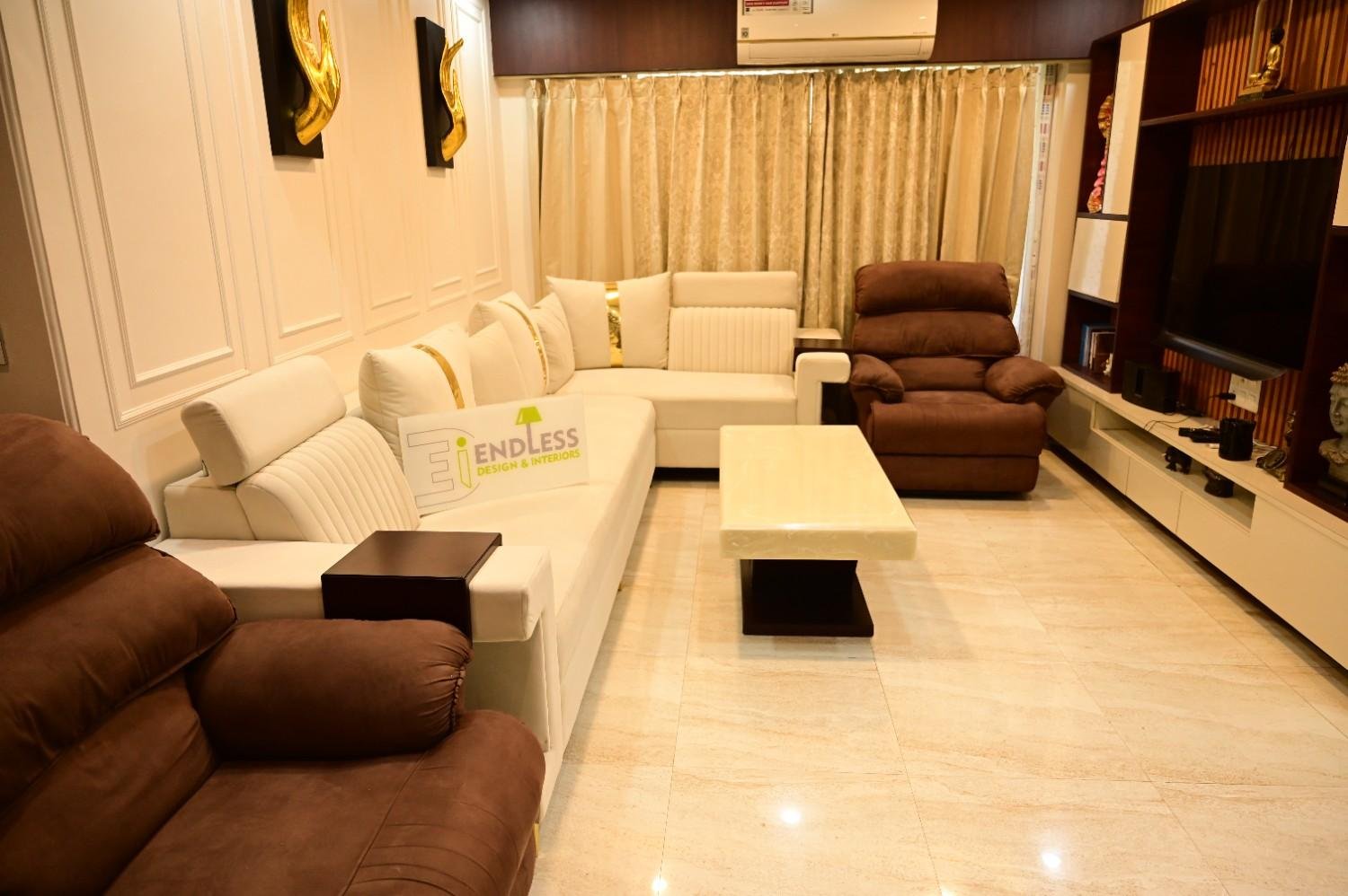 4BHK interior design Jagatpura Jaipur — living room panel wall and false ceiling by Endless Interiors and Construction