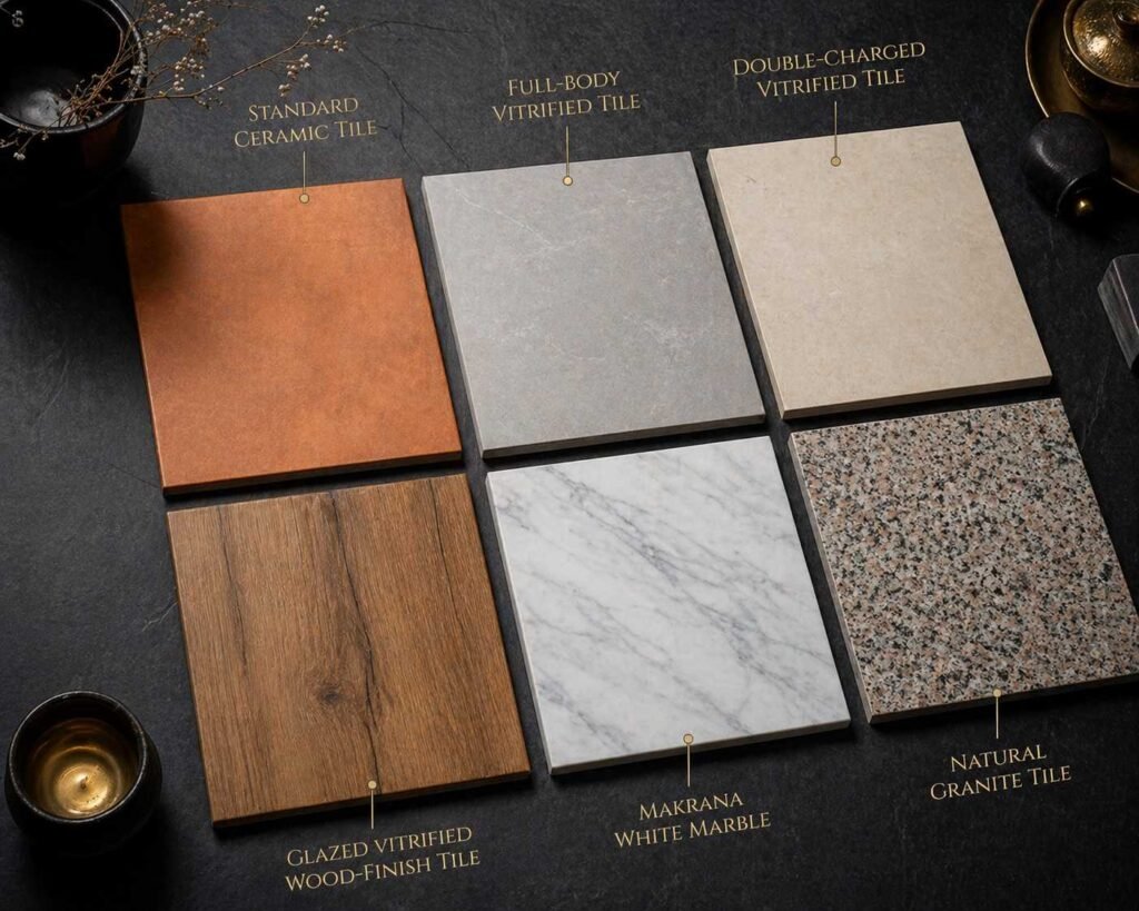 Flooring tile comparison: ceramic, full-body vitrified, double-charged vitrified, GVT, Makrana marble, and granite samples for Jaipur villa specification