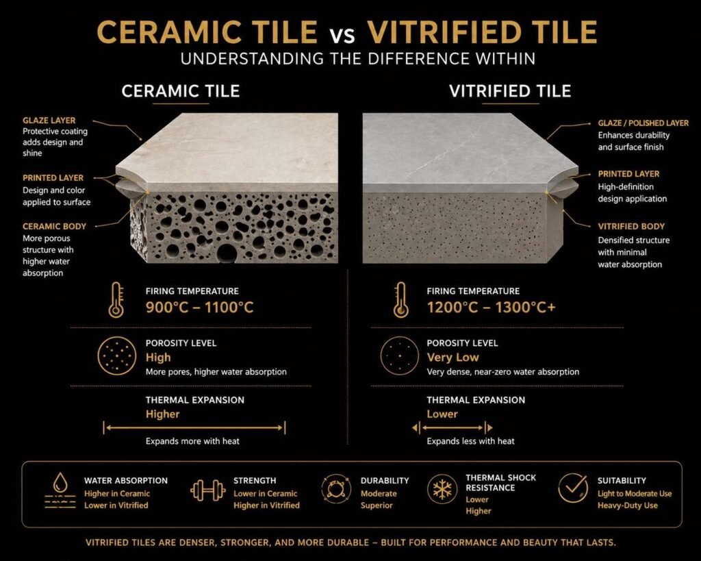 Infographic comparing ceramic vs vitrified tile thermal expansion (CTE) for Jaipur's 45°C+ summer climate