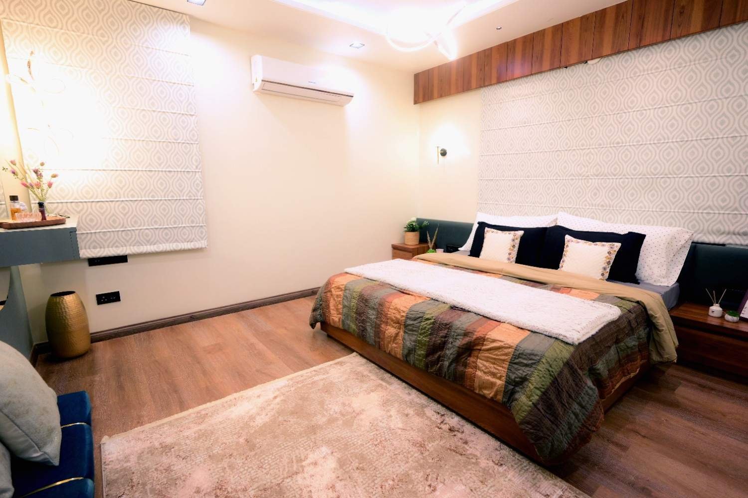 Magenta velvet headboard bedroom — 3BHK Trimurty Gulmohar Civil Lines Jaipur — Endless Interiors