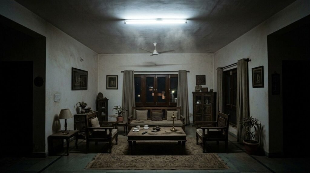Home lighting Jaipur — dark living room in Jaipur bungalow with single center light causing shadows