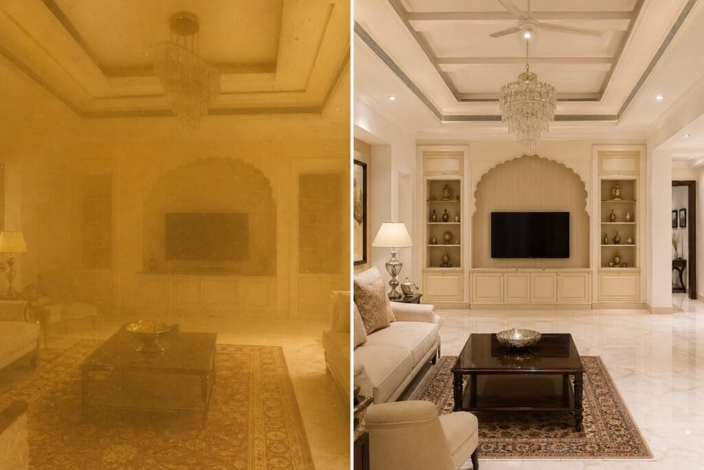 Before and after dust mitigation in a Jaipur luxury bungalow interior — HVAC and sealant protection by Endless Interiors and Construction
