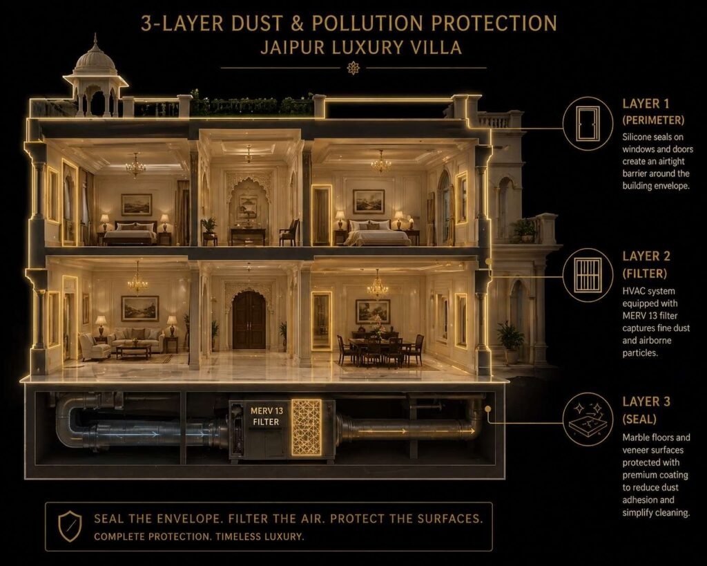 Three-layer dust protection diagram for Jaipur luxury interiors — perimeter sealing, HVAC MERV 13 filtration, and surface sealant by Endless Interiors and Construction