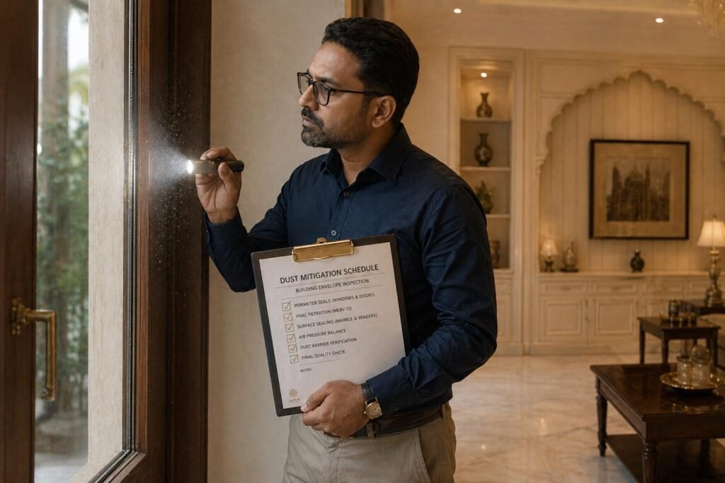 Endless Interiors and Construction Principal Designer conducting a dust mitigation audit and building envelope inspection in a Jaipur luxury bungalow