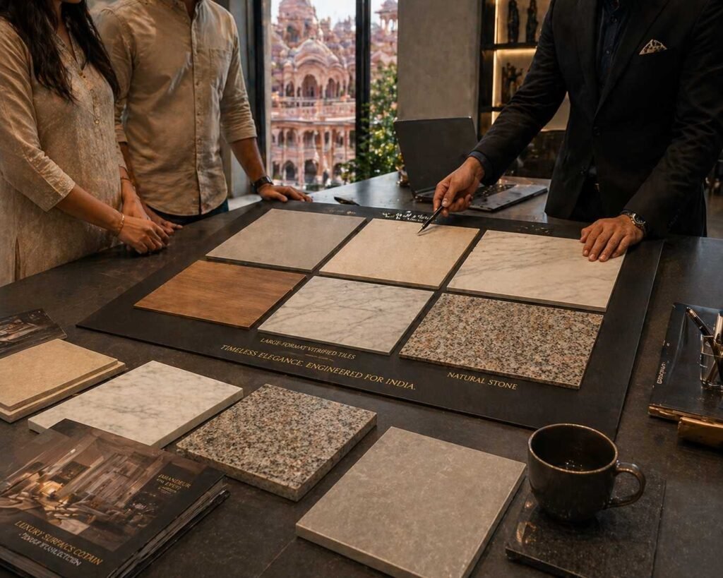 Principal Designer at Endless Interiors & Construction conducting a flooring specification consultation with Jaipur homeowners — ceramic vs vitrified tile selection