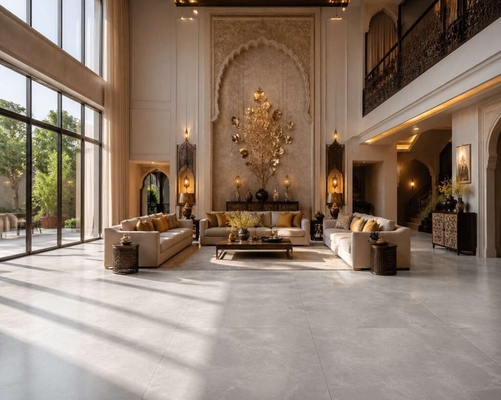 Vitrified tiles Jaipur — luxury villa living room flooring specification by Endless Interiors and Construction