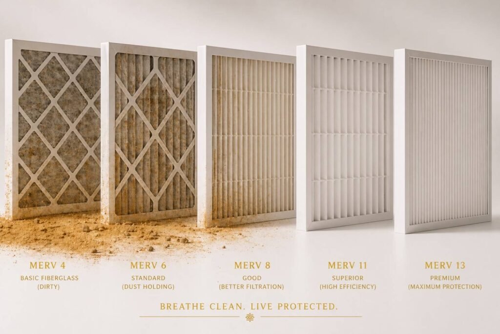 HVAC filter MERV rating comparison for Jaipur dust protection — from MERV 4 basic to MERV 13 premium residential grade
