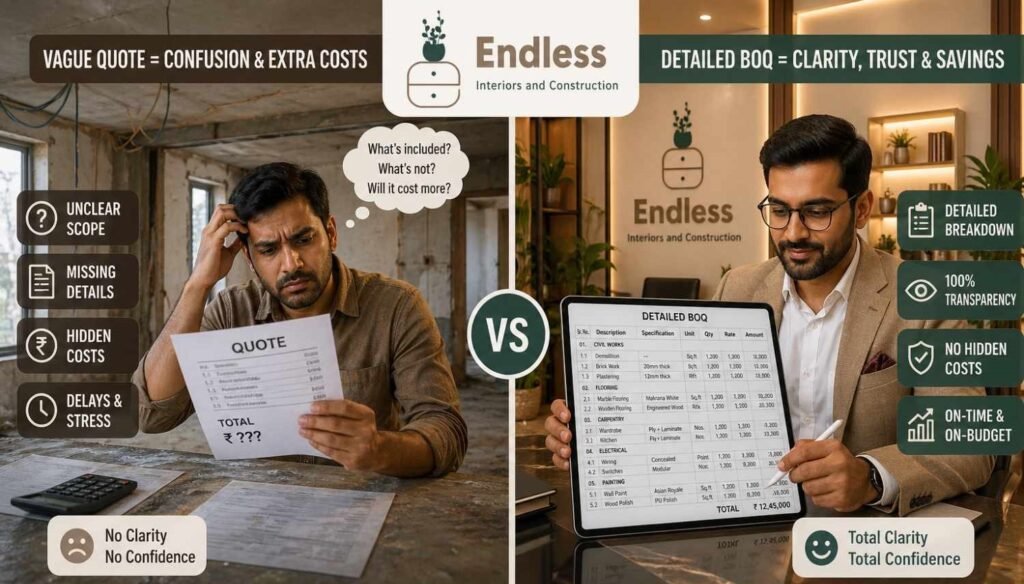 Comparison of a vague contractor quote versus a detailed turnkey BOQ for interior projects in Jaipur