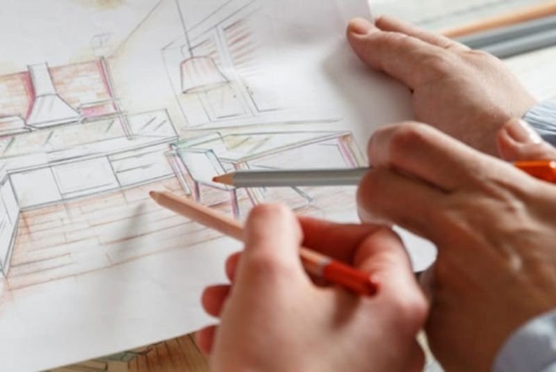 Interior designer planning modular kitchen layout with hand-drawn sketch