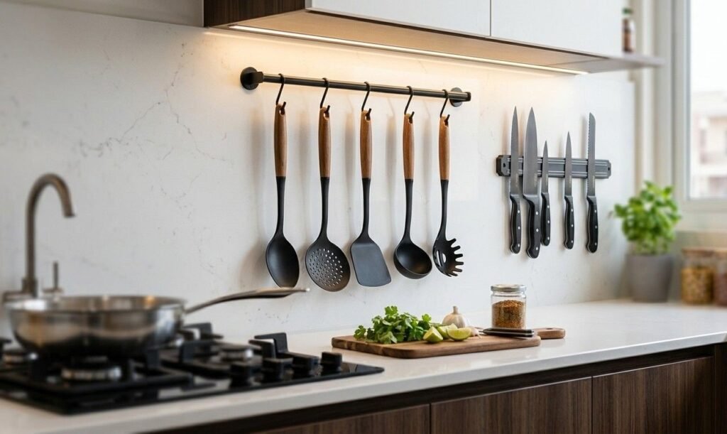 Modern kitchen wall storage and hanging rails for Jaipur apartment interiors.