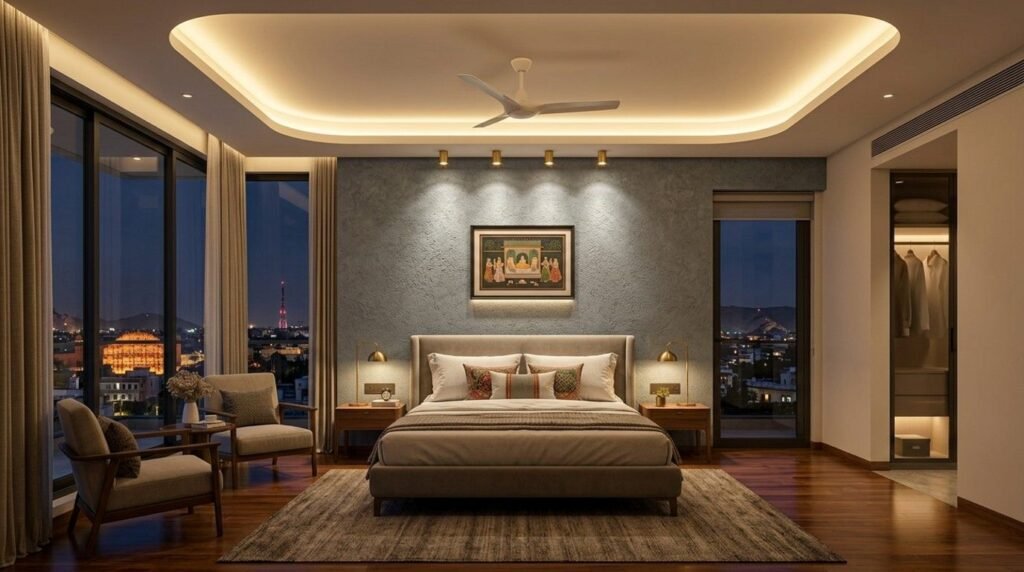 Luxury bedroom design in Jagatpura Jaipur featuring layered ambient, task, and accent lighting.