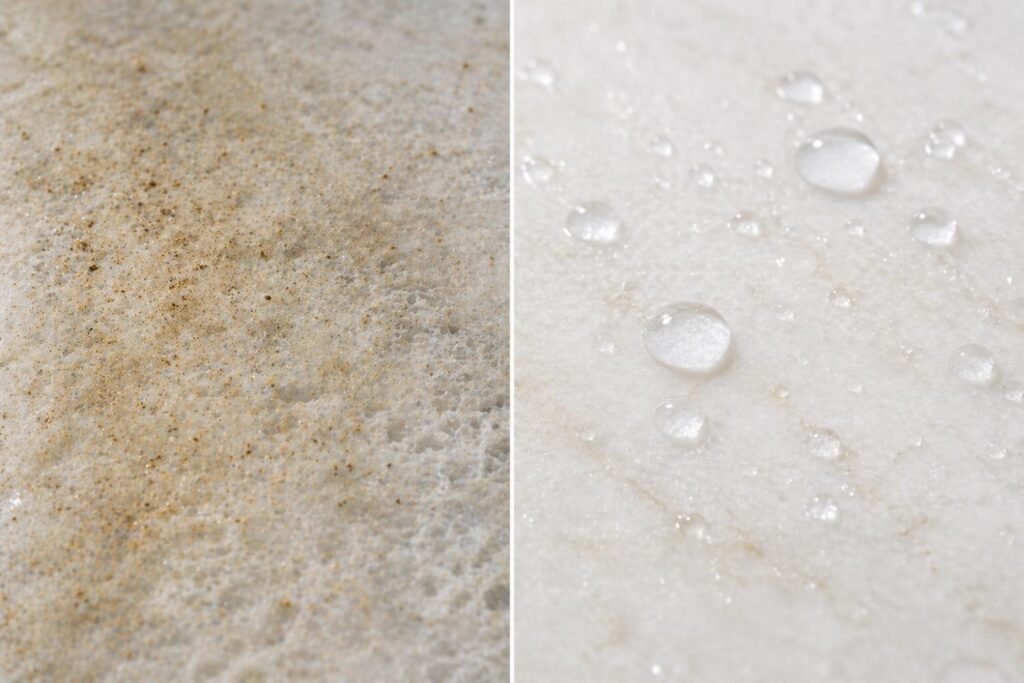 Makrana marble surface before and after fluoropolymer penetrating sealer application — dust protection for Jaipur luxury villa interiors