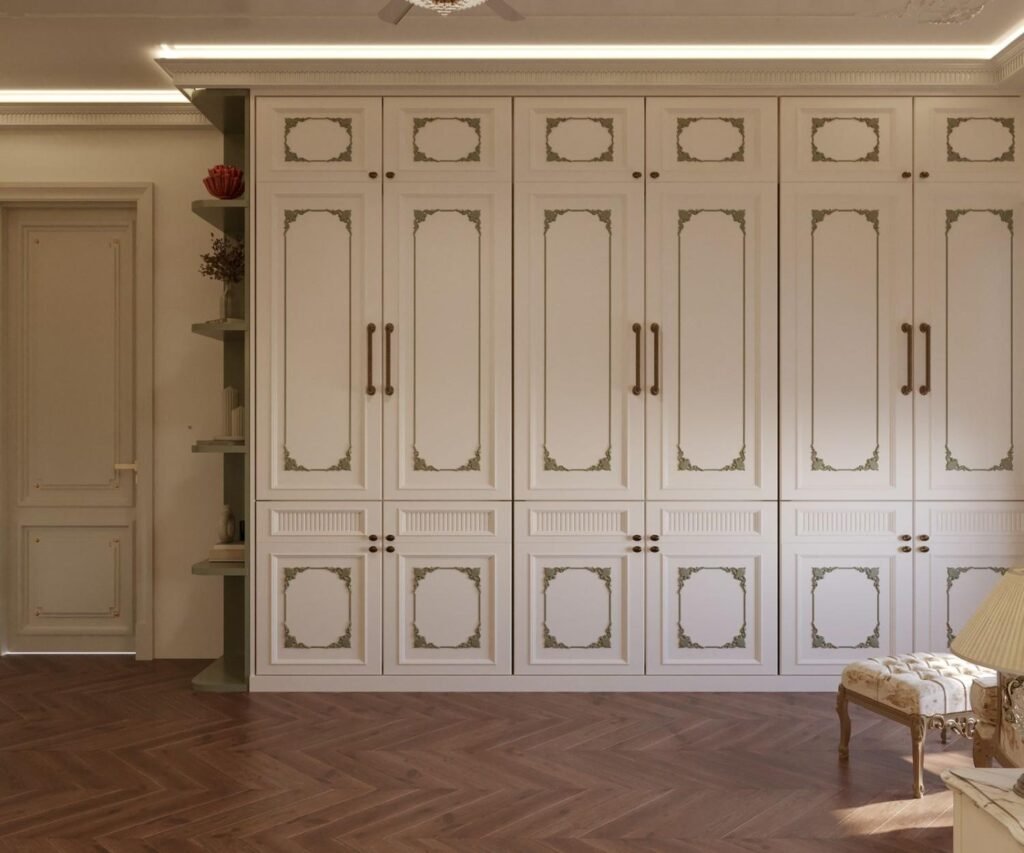 MDF wardrobe shutters with smooth painted finish in modern bedroom