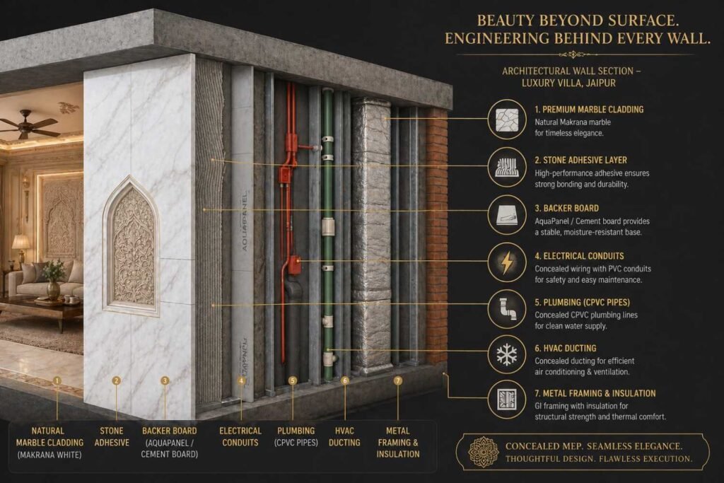 Cross-section diagram showing MEP (electrical, plumbing, HVAC) hidden costs in Jaipur luxury villa interior construction