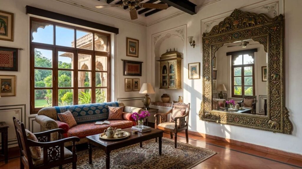 A large decorative mirror placed opposite a window to reflect natural light and brighten a dark Jaipur bungalow.