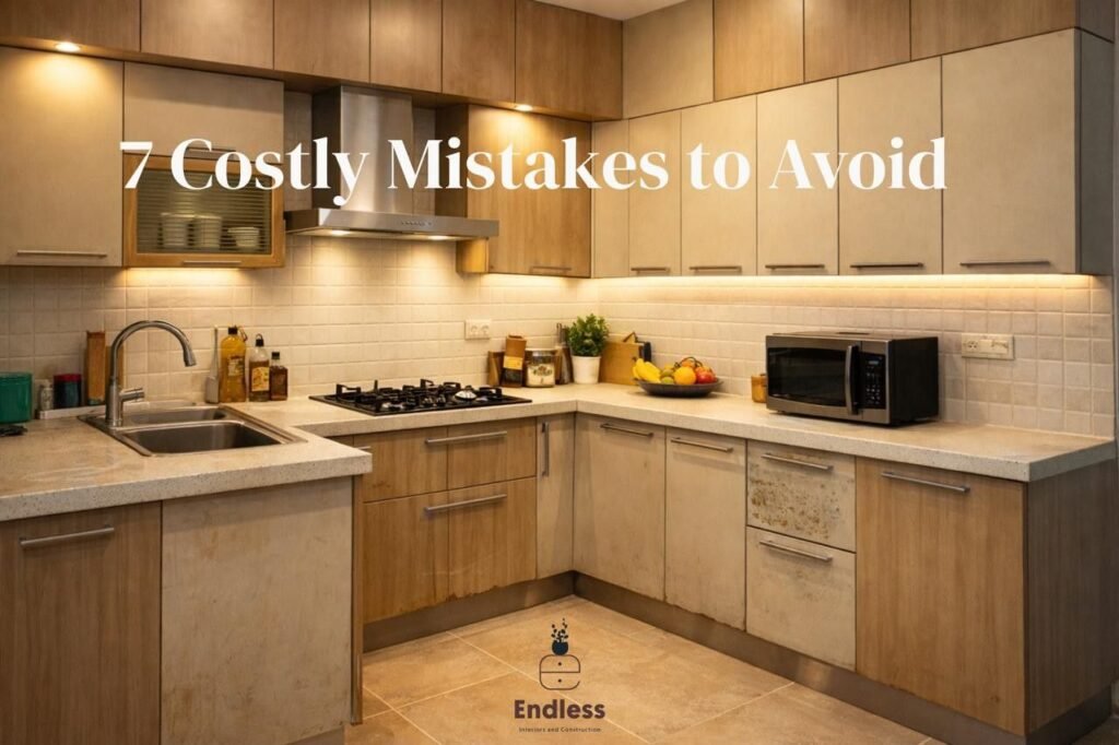 Modular kitchen showing cabinet damage swelling and poor maintenance issues