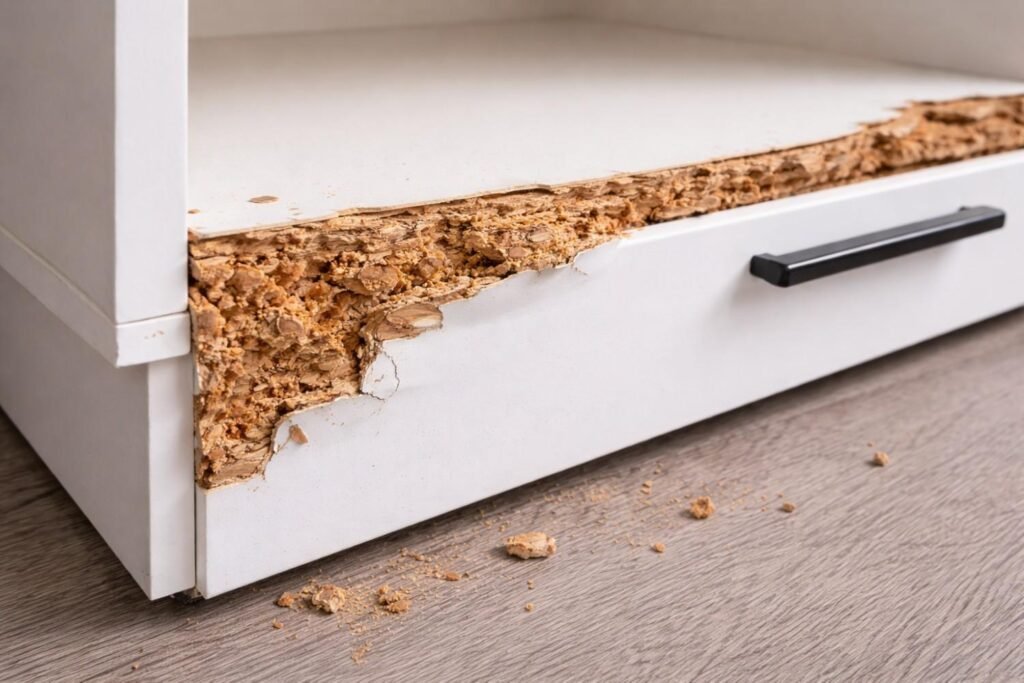 Swollen particle board furniture damaged due to moisture exposure